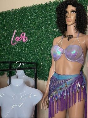 2pc Iridescent Lavender Shell Bra & Purple Fringe Hip Scarf